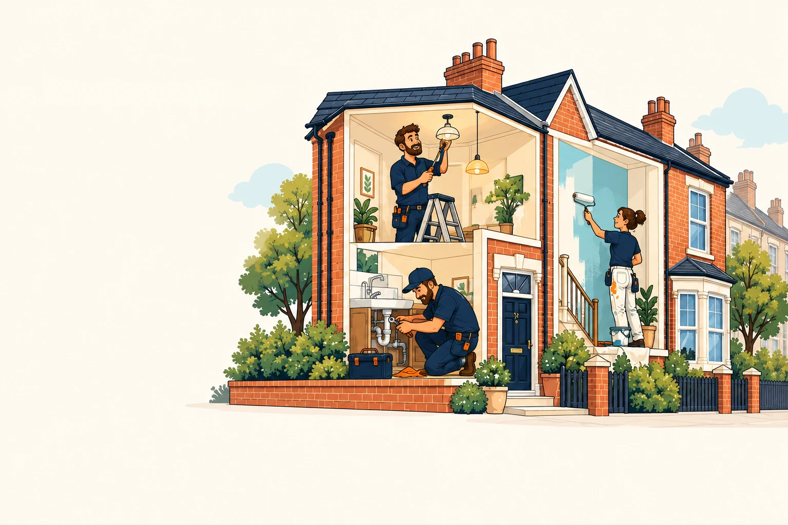 Cartoon cutaway of a home with tradespeople fixing a light, repairing plumbing and decorating