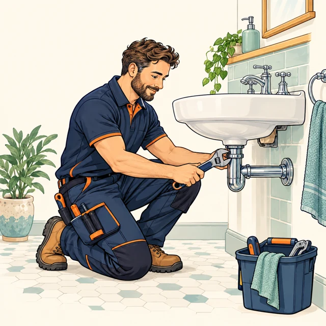 Illustration of careful plumbing work in a home